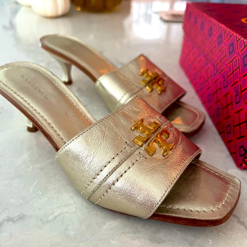 Tory Burch Everly kitten heel in Spark gold and Rolled brass.